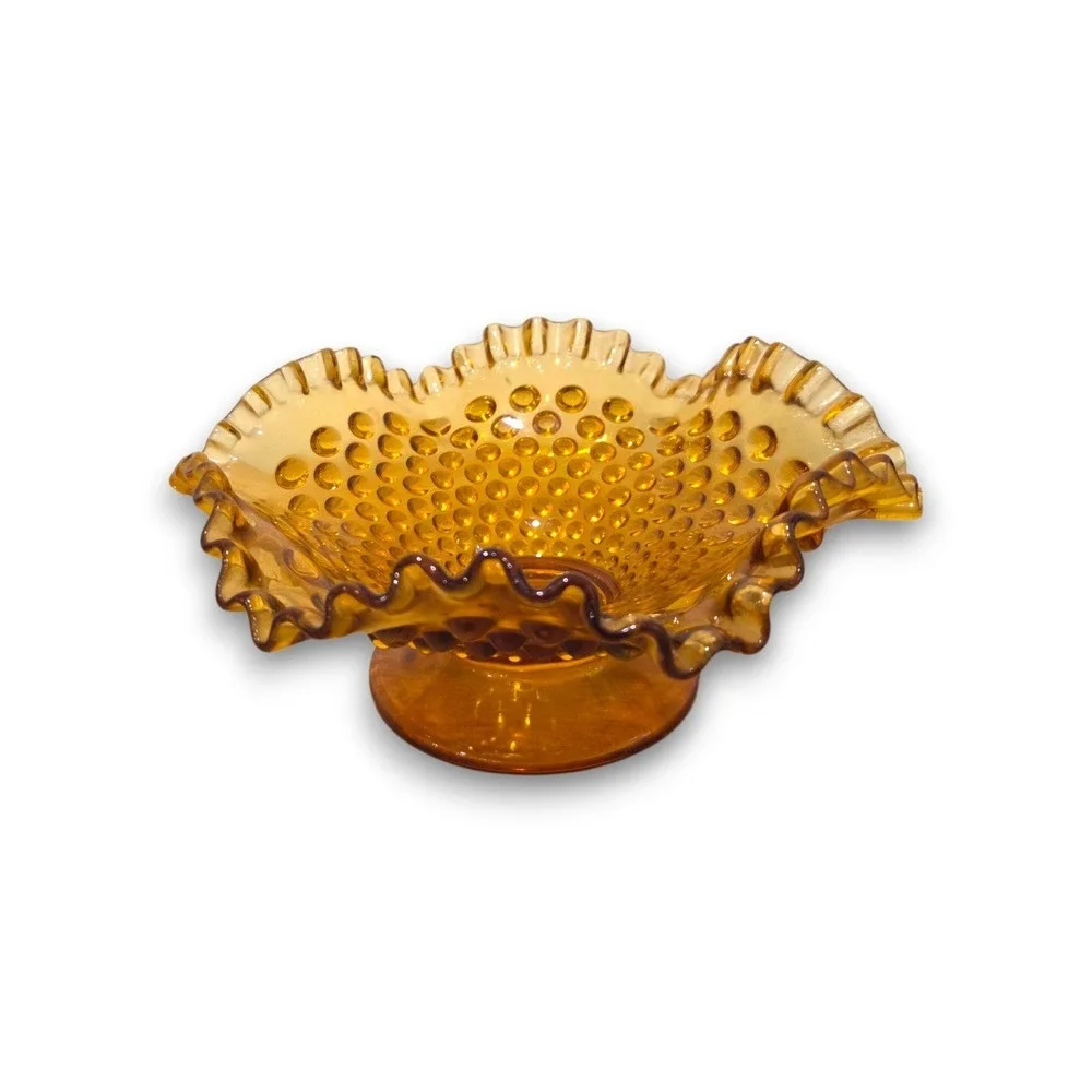 Vintage Fenton Hobnail Amber Candy Dish Footed Ruffled Edge 8''